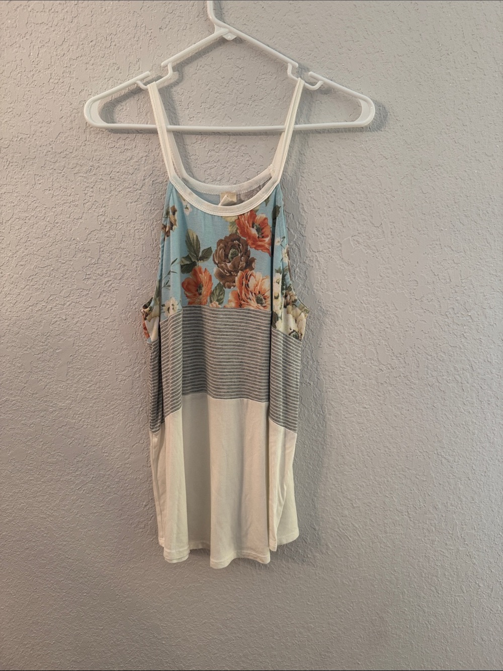7th Ray Blue Floral & Cream Mixed-Panel Tank